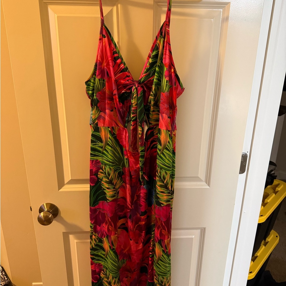 SHEIN Red and Green Floral Midi Dress